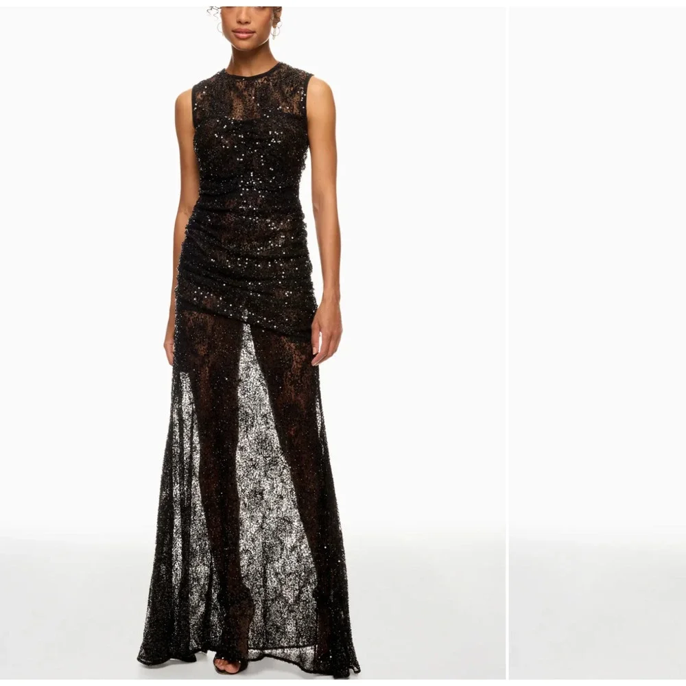 Aknvas Black Sequin Gown Size 6 Formal Luxury Sheer Ruched Flattering $1000 - Picture 3 of 13